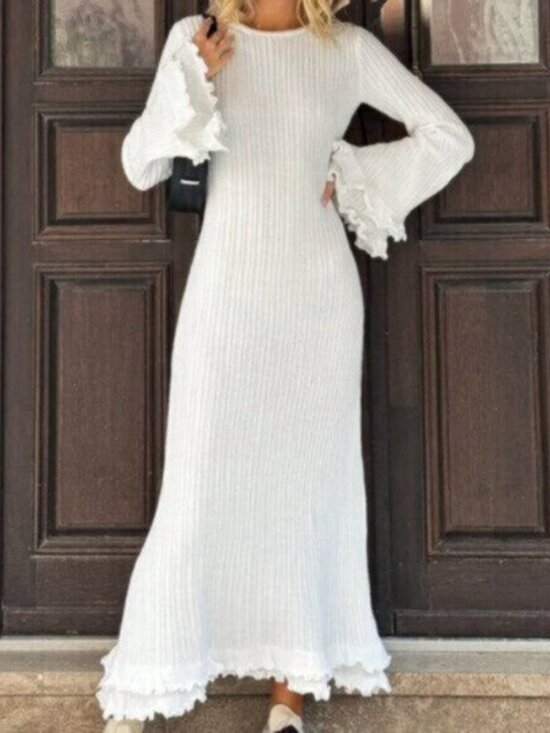 White Elegant Women's Long Sleeve Crew Neck Flare Cuff Sweater Dress - Picture 3 of 5